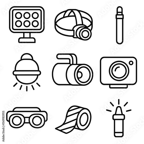 Night-Fishing Gear Icons. Outline style icons of Night-Fishing Gear: deck floodlight, headlamp, glow stick, navigation light,