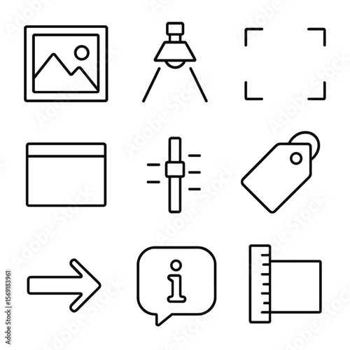 Outline Style Framing Icons. Outline style icons of Framing Technique: picture frame, spotlight beam, boundary line, highlight