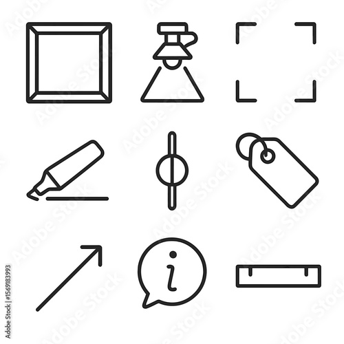 Outline Style Framing Icons. Outline style icons of Framing Technique: picture frame, spotlight beam, boundary line, highlight