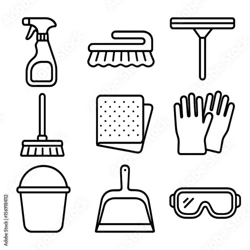 Industrial Cleaning Icons. Outline style icons of Industrial Cleaning Caddy: spray bottle, scrub brush, squeegee, mop head,