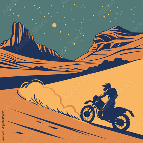 Biker Silhouette with Dust Trail in Desert – Adventure Motion Art, Desert Speed Illustration, Off-Road Motorcycle Action, Lone Rider Landscape, Dramatic Sunset Chase Scene