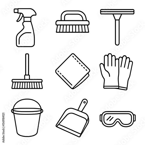 Industrial Cleaning Icons. Outline style icons of Industrial Cleaning Caddy: spray bottle, scrub brush, squeegee, mop head,