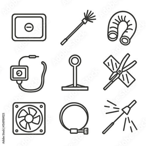 Duct Cleaning Icons. Outline style icons of Duct and Ventilation Cleaning: access panel, rotary brush rod, vacuum hose, inspection