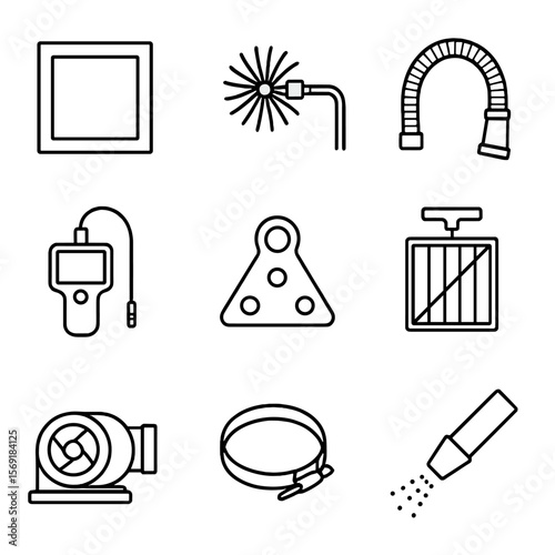 Duct Cleaning Icons. Outline style icons of Duct and Ventilation Cleaning: access panel, rotary brush rod, vacuum hose, inspection