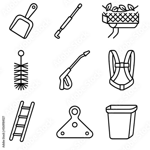 Roof Cleaning Icons. Outline style icons of Roof and Gutter Cleaning: gutter scoop, telescopic pole, leaf guard, downspout brush,
