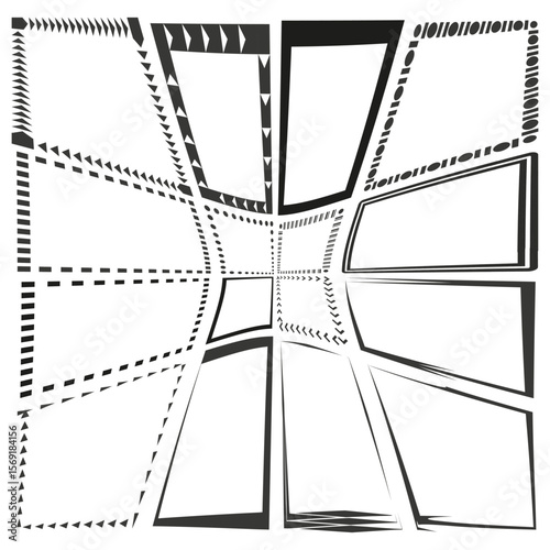 Distorted quadrilateral matrix. Converging dashed perimeters. Abstract warped Vector. Dynamic multidirectional lattice.