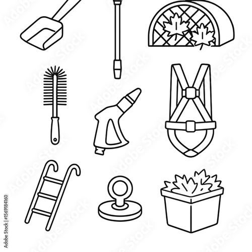 Roof Cleaning Icons. Outline style icons of Roof and Gutter Cleaning: gutter scoop, telescopic pole, leaf guard, downspout brush,