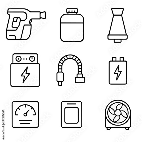 Electrostatic Disinfection Icons. Outline style icons of Electrostatic Disinfection: electrostatic sprayer, disinfectant tank,