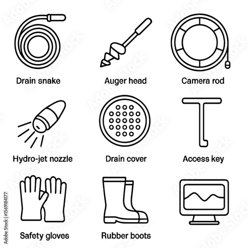 Industrial Cleaning Icons. Outline style icons of Industrial Drain Cleaning: drain snake, auger head, camera rod, hydro-jet nozzle