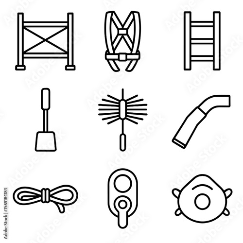 Chimney Cleaning Icons. Outline style icons of Smoke Stack Cleaning: scaffolding section, scaffold harness, ladder rung, soot