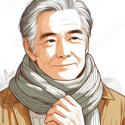 Mature man with scarf smiling warmly white background illustration