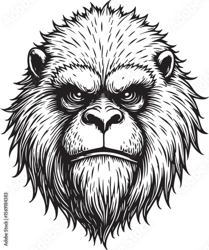 Intense Primate Stare: A detailed black-and-white illustration captures the focused gaze of a primate, a visual exploration of the creature's powerful presence and compelling intensity.
