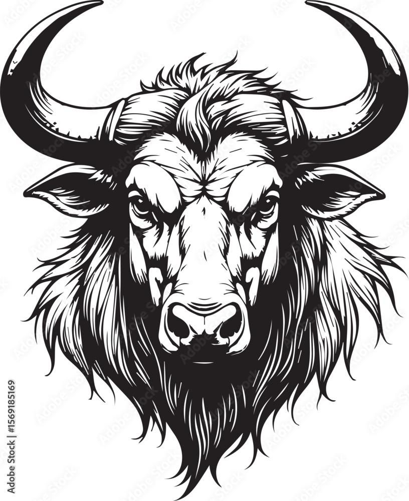 Obraz premium Black and white bull portrait: A powerful bull depicted in black and white lines, showcasing strong horns and an intense gaze.