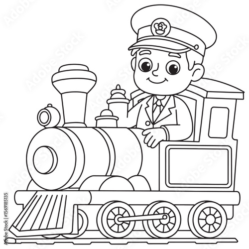 Cute Train Conductor Driving a Locomotive – Black and White Coloring Page for Kids