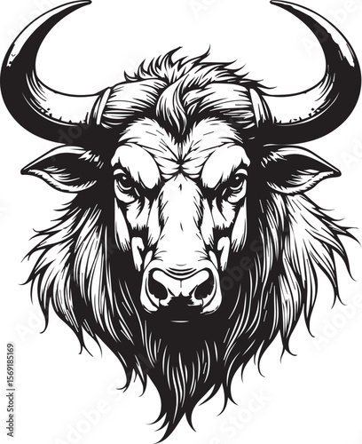 Black and white bull portrait: A powerful bull depicted in black and white lines, showcasing strong horns and an intense gaze.