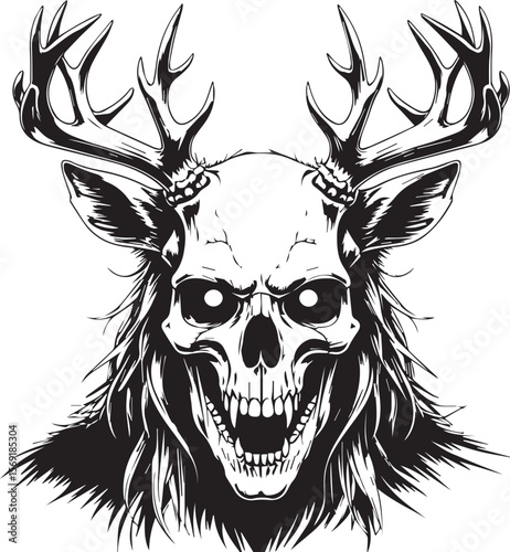 Intriguing Skull Antler: a dark and surreal design featuring a skull adorned with majestic antlers, creating a striking blend of the macabre and the majestic.