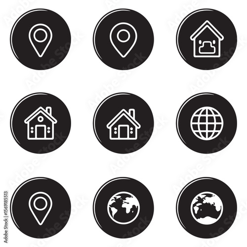 Collection of nine circular icons featuring location pins houses and globes in a clean white line art silhouette style