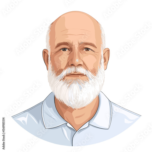 Mature bald man with white beard calm gaze white background illustration