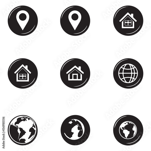 Collection of nine black circular icons featuring white pin location house and globe symbols silhouette