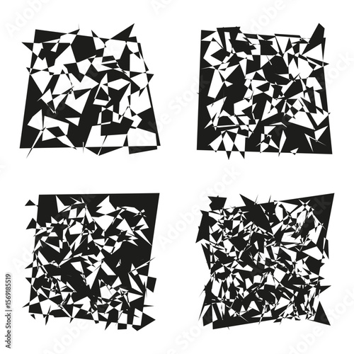 Fragmented abstract shapes. Shattered geometric forms. Black white chaos. Vector grunge texture.