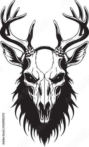 Cranium of the Majestic Deer: A detailed and artistic illustration reveals a deer skull adorned with imposing antlers, exuding an aura of raw power and enigmatic mystique.