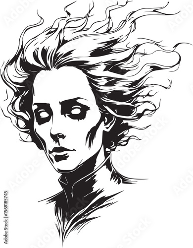 Melancholy Portrait in Ink: An evocative black-and-white portrait of a person, rendered in a striking ink illustration style. Capturing a mood of pensive reflection.