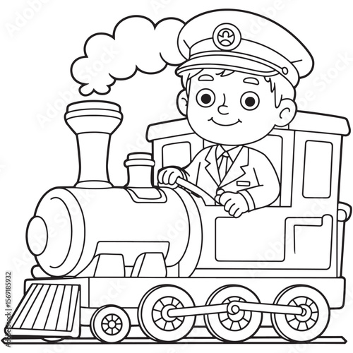 Cute Train Conductor Driving a Locomotive – Black and White Coloring Page for Kids