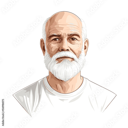 Mature bald man with white beard calm expression white background illustration
