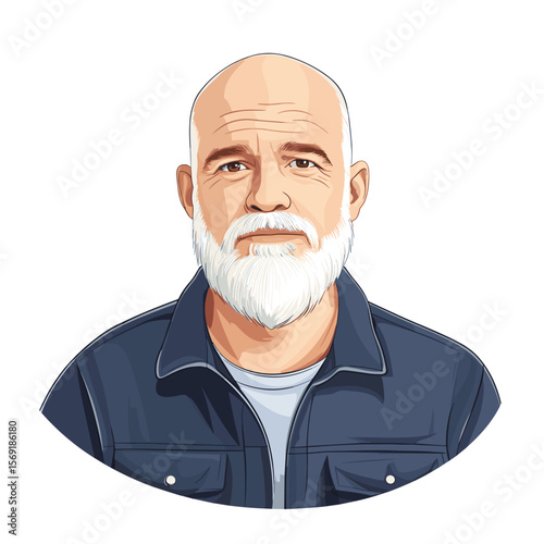 Mature bald man with white beard calm look white background illustration