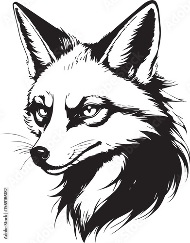 Elegant Fox Silhouette: An expertly crafted, stylish illustration of a fox head, capturing the animal's cunning gaze and sleek features with a dramatic black and white palette.