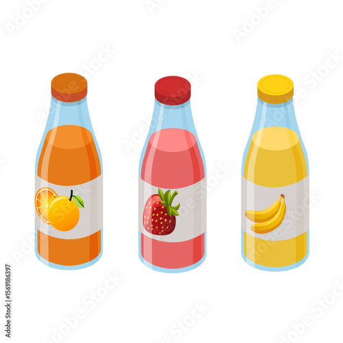 Colorful Fruit Juice Bottles  Orange, Strawberry, Banana