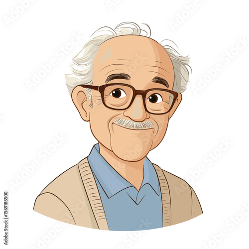 Cheerful mature man with glasses smiling white background illustration