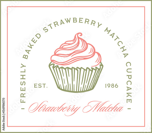 Strawberry matcha cupcake freshly baked Japanese pastry lovers green tea and fruit flavor aesthetic logo sticker label. Fancy organic natural vegan cake pink dessert retro design frame illustration.