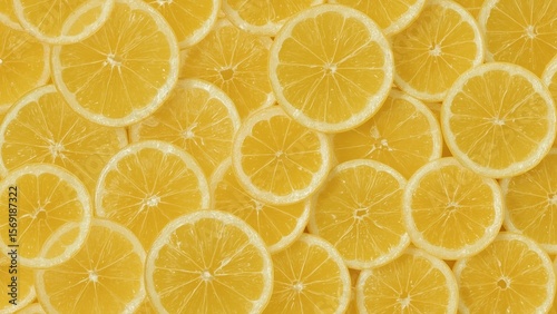 Unique texture of fresh lemon slices arranged in a vibrant pattern perfect for food backgrounds, summer themes, health promotions, bright yellow citrus freshness with natural light and juicy mood