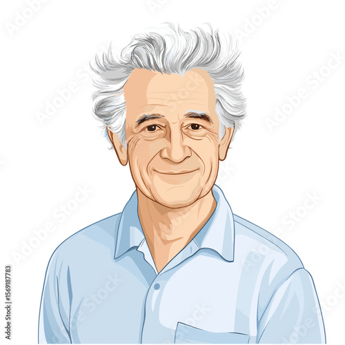 Mature man with messy hair soft smile white background illustration