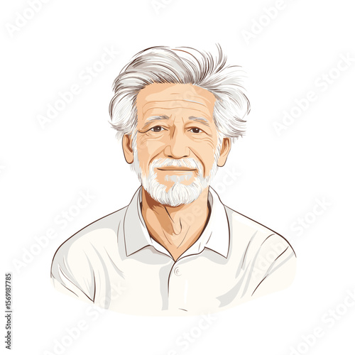 Mature man with white beard gentle smile white background illustration