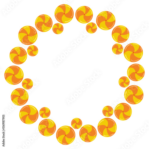 Orange round candies festive Halloween frame. Vector hand drawn illustration for holiday packaging, kids branding, sweet labels and seasonal design isolated on white with copy space