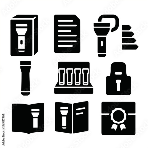 Flashlight Packaging Icons. Solid style icons of flashlight packaging and branding: flashlight box icon, spec sheet, branded