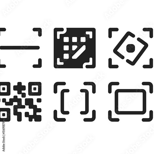 Dynamic Scanning Icons. Solid style icons of scanning animation: laser line animation, grid scan icon, rotating square, blinking