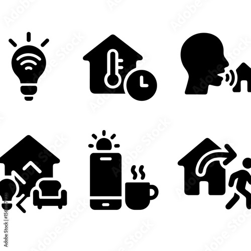 Smart Home Icons. Solid style icons of smart home automation: light automation, thermostat schedule, smart lock rule,