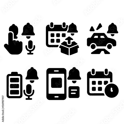 Assistant Notification Icons. Solid style icons of assistant notifications: reminder voice, schedule alert, package update,