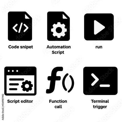 Automation Script Icons. Solid style icons of automation scripts: code snippet icon, automation script, run command icon, bash