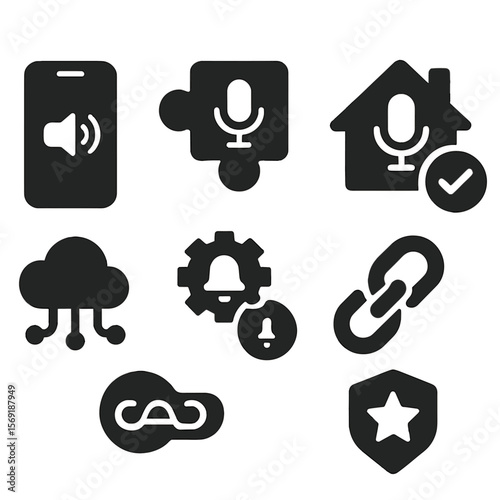 Assistant Integration Icons. Solid style icons of assistant integrations: app control icon, third-party skills, home integration,