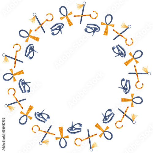 Ankh, Eye of Horus and crossed scepters arranged in a round frame. Vector hand drawn cartoon illustration for historical Egyptian design, mystical packaging, isolated on white with copy space