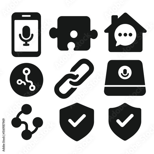 Assistant Integration Icons. Solid style icons of assistant integrations: app control icon, third-party skills, home integration,