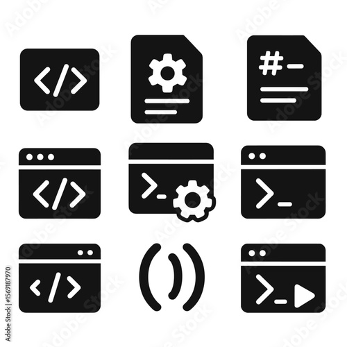 Automation Script Icons. Solid style icons of automation scripts: code snippet icon, automation script, run command icon, bash