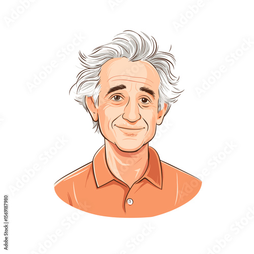 Mature man with tousled hair gentle smile white background illustration