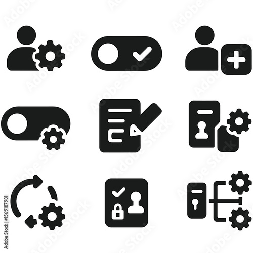 User Automation Icons. Solid style icons of user automation control: toggle automation, rule switch, enable all button, pause