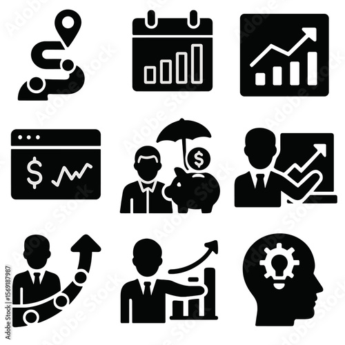 Financial Planning Icons. Solid style icons of financial planning: financial roadmap, 5-year plan, forecast chart, net worth