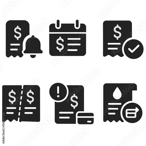 Bill Management Icons. Solid style icons of bill management: due date alert, bill calendar, payment status, recurring bills icon,